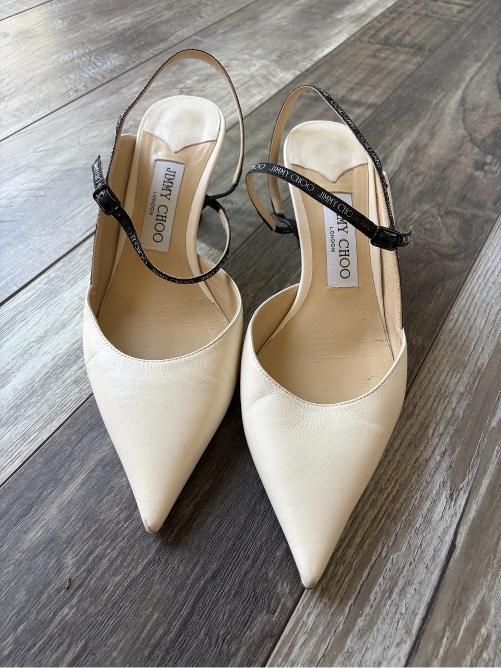 Jimmy Choo Cream Napa leather sling back pointed low heels with duster bag/box - Picture 1 of 10